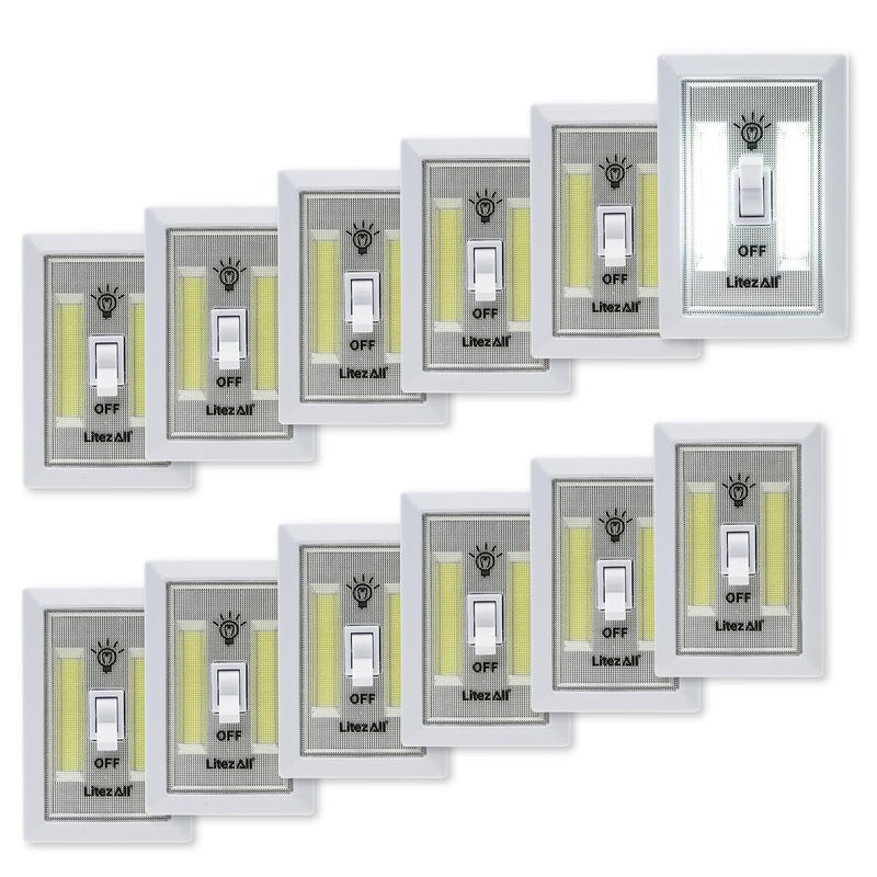 LitezAll COB LED Light Switch Night Light, 12-Pack 200 Lumen Wireless Battery Operated Wall Lights, Stick-On Switch Lights for Closets, Cabinets, Hallways, Garage, Gifts for Men â€“ Batteries Included - Image 1